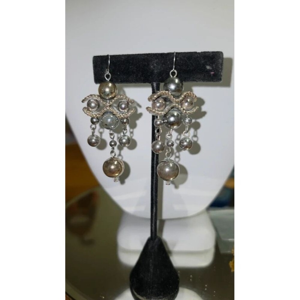 Vintage Silver Sphere Cascade Chandelier Drop Statement Earrings